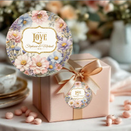 ラブ ヴィンテージ フローラル タイポグラフィー ピンク ブルー ゴールド ラウンドシール