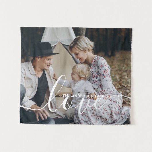「ラブ」名前をカスタムするカスタム付きの家族写真 タペストリー (正面(横))