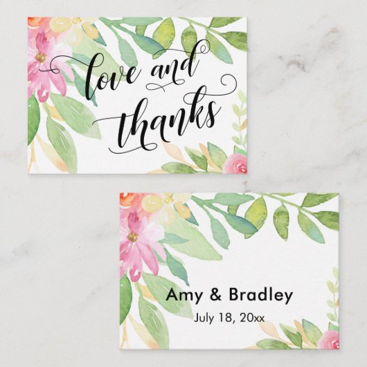 ラブ&感謝していタイポグラフィピンクフローラ結婚式の引き出物 エンクロージャーカード (正面/裏面)