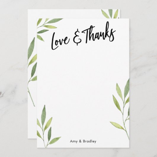 ラブ&感謝していタイポグラフィ、緑の水彩 サンキューカード (正面/裏面)