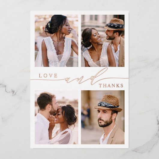 ラブ&感謝していバラゴールドフォイル写真サンキューカード 箔招待状 (正面)
