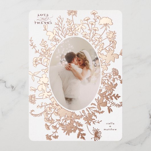 ラブ&感謝していフローラバラゴールドフォイルサンキューカード 箔招待状 (正面)