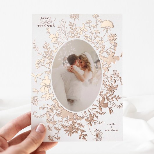 ラブ&感謝していフローラバラゴールドフォイルサンキューカード 箔招待状
