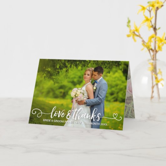 ラブ&感謝してい結婚タイポグラフィピンクロセスフォト カード (黄色い花)