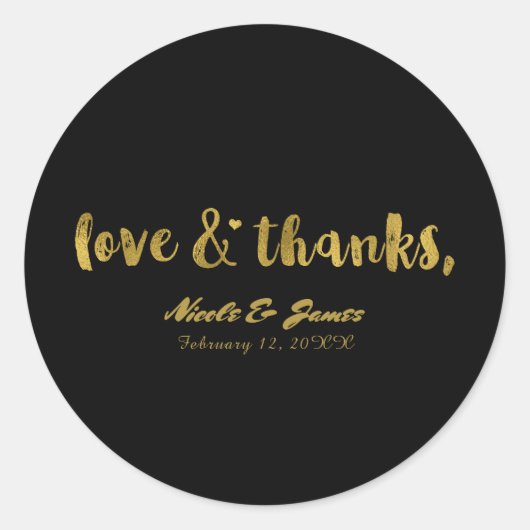 ラブ&感謝してい金ゴールドブラックモダンシック結婚式の引き出物 ラウンドシール (正面)