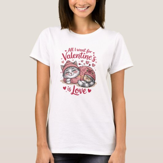 ラブ 猫 あったか バレンタイン Tシャツ (正面)