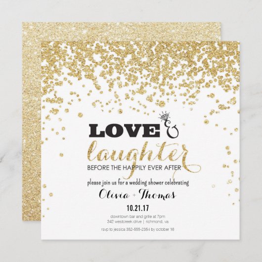 ラブ&笑い金ゴールドグリッターウェディングシャワー招待状 招待状 (正面/裏面)