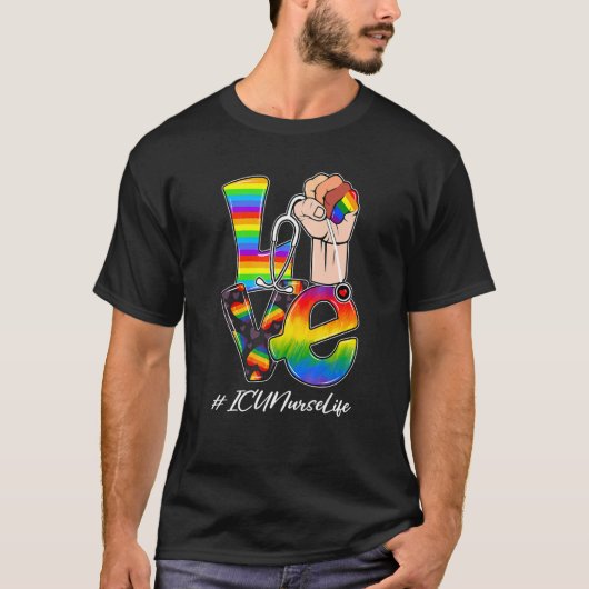 ラブIcuナースライフLgbtゲイプライドレインボーフラッグニュー Tシャツ (正面)