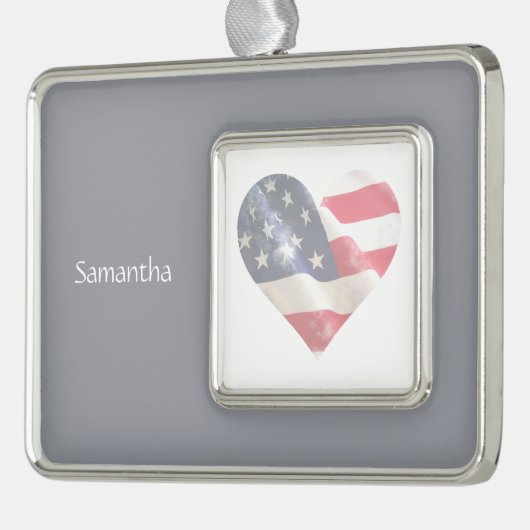 ラブUSAアメリカハート国旗名前をカスタムする シルバープレートフレームオーナメント (左)