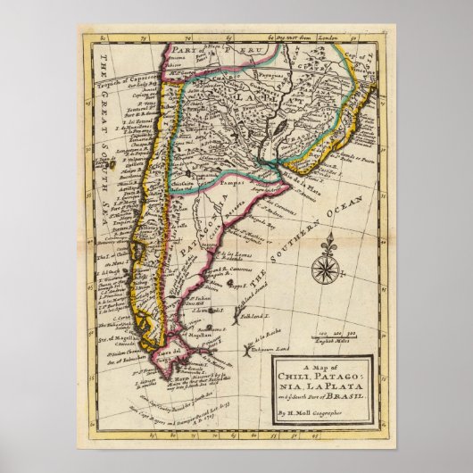 ラプラタ，パタゴニアの地図 ポスター (正面)