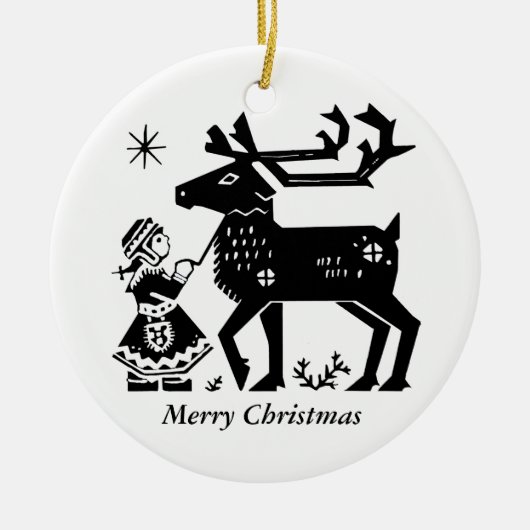 ラプランドの女の子はトナカイのクリスマスの装飾を握ります セラミックオーナメント (正面)