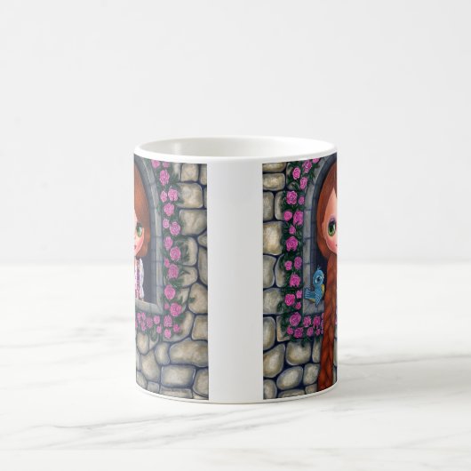 ラプンツェルビッグアイズガールドール可愛いレッドヘッドブルーバード コーヒーマグカップ (中央)
