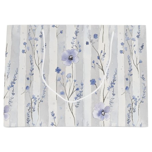 ラベかわいらしンダーホワイトフローラストライプブライダルシャワー ラージペーパーバッグ (正面)