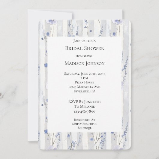 ラベかわいらしンダーホワイトフローラストライプブライダルシャワー 招待状 (正面)