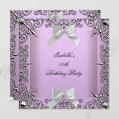 ラベかわいらしンダー薄紫シルバーホワイト誕生日パーティー 招待状 (正面/裏面)