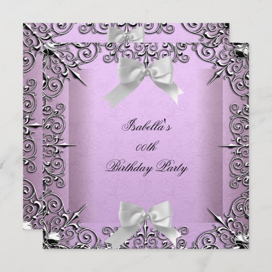 ラベかわいらしンダー薄紫シルバーホワイト誕生日パーティー 招待状 (正面/裏面)