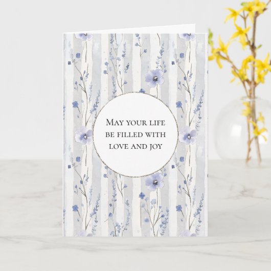 ラベかわいらしンダー薄紫ホワイトフローラストライプ カード (黄色い花)