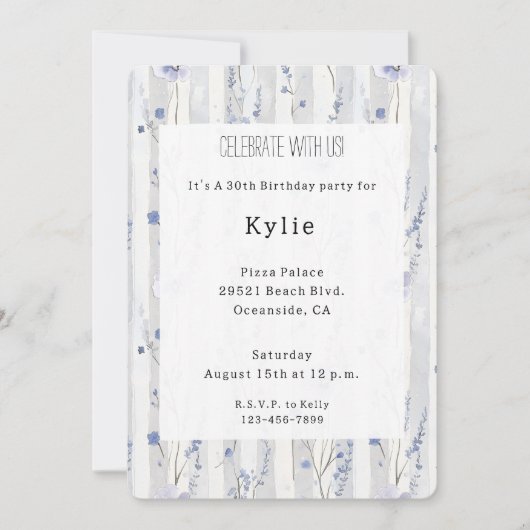 ラベかわいらしンダー薄紫ホワイトフローラストライプ 招待状 (正面)