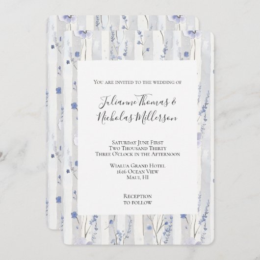 ラベかわいらしンダー薄紫白ストライプフローラ結婚ズ 招待状 (正面/裏面)