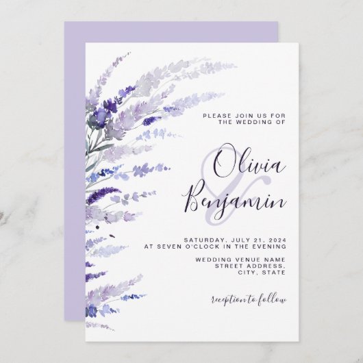 ラベエレガントンダスティパープルフローラ薄紫結婚ズ 招待状 (正面/裏面)