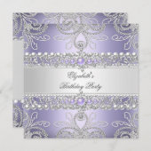 ラベエレガントンダダイヤモンドシルバーフローラ誕生日 招待状 (正面/裏面)