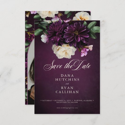 ラベエレガントンダーとブルゴーニュのフローラスクリプ結婚ト セーブザデート (正面/裏面)