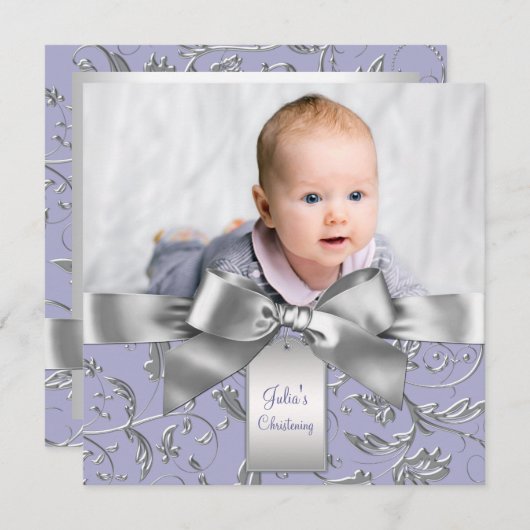 ラベエレガントンダーパープルとグレー《キリスト教》洗礼式や命名式 招待状 (正面/裏面)