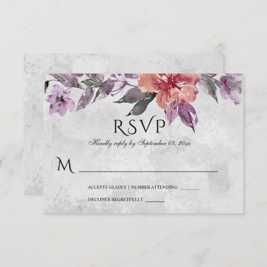 ラベエレガントンダーパープルピーチフローラ水彩 出欠カード (正面/裏面)