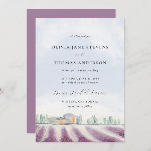 ラベエレガントンダーフィールド水の色パープル結婚ズ 招待状 (正面/裏面)