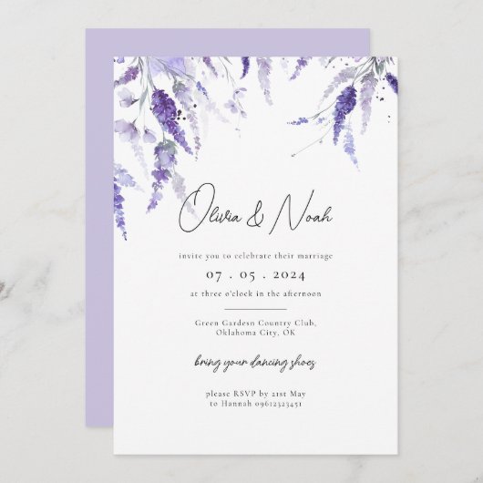 ラベエレガントンダーフローラ水カラー薄紫結婚ズ 招待状 (正面/裏面)