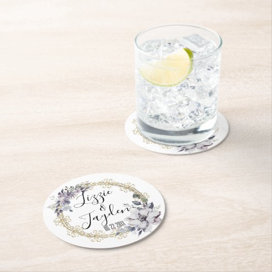 ラベエレガントンダーフローラ結婚リースのパーソナライズ ラウンドペーパーコースター (インサイチュ)