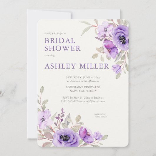 ラベエレガントンダー水彩フローラブライダルシャワー 招待状 (正面)