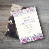 ラベエレガントンダー水彩フローラ写真結婚の 招待状