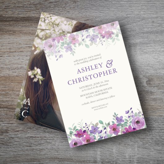 ラベエレガントンダー水彩フローラ写真結婚の 招待状