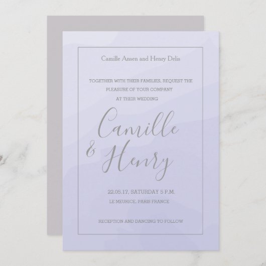 ラベエレガントンダー灰色の水結婚色 招待状 (正面/裏面)