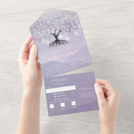 ラベエレガントンパープルハートリーフツリ結婚ーズ オールインワン招待状