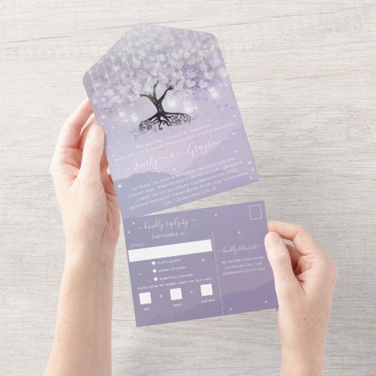 ラベエレガントンパープルハートリーフツリ結婚ーズ オールインワン招待状 (貼ってはがせる)