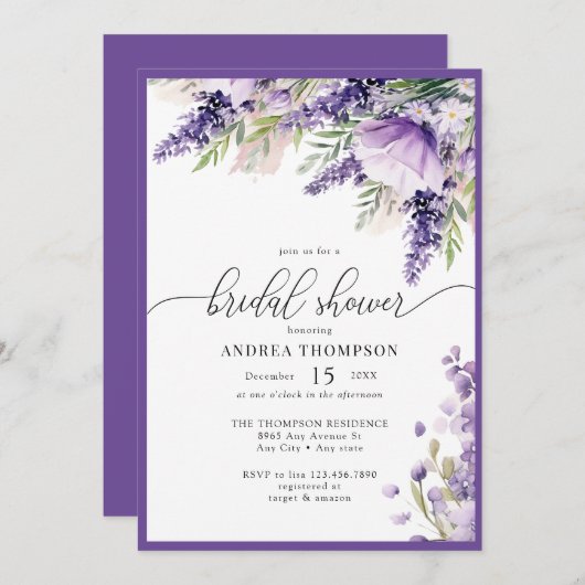 ラベエレガントンパープルフラワーズブライダルシャワー 招待状 (正面/裏面)
