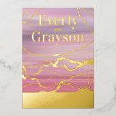 ラベグラデーションンダーピンクマーブルビーニング金ゴールド結婚ズ 箔招待状 (正面)