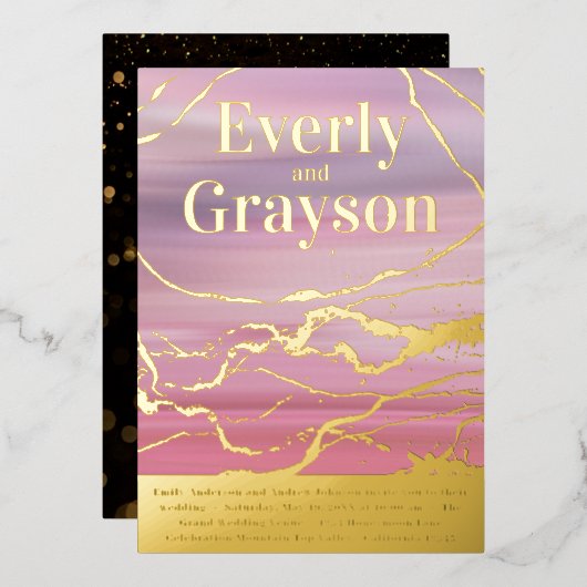 ラベグラデーションンダーピンクマーブルビーニング金ゴールド結婚ズ 箔招待状 (正面/裏面)