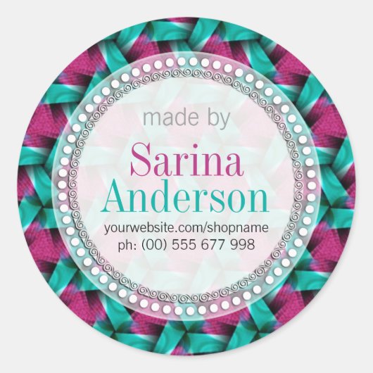 ラベルで作ったホットピンク&グリーン織り模様 ラウンドシール (正面)