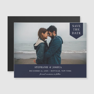 ラベルシンプル写真Save The Date Navy Blue マグネット招待状