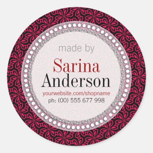 ラベルシールで作られた赤い黒の花柄 ラウンドシール (正面)