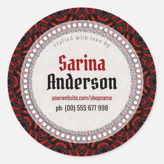 ラベルシールで作られた赤い黒の部族のパターン ラウンドシール (正面)