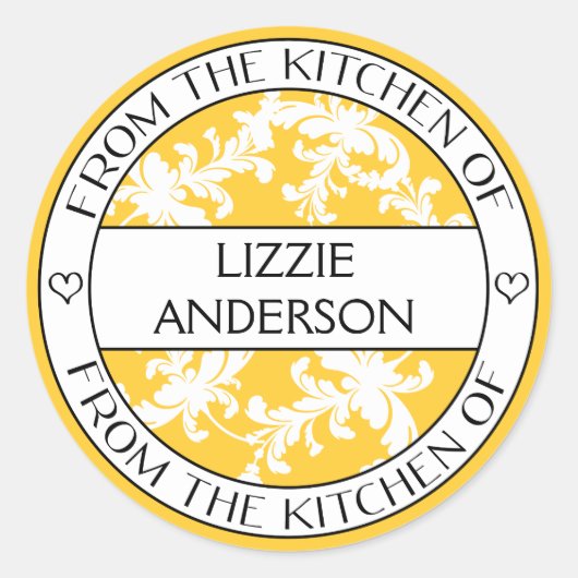 ラベル|の黄色く白いダマスク織の台所から ラウンドシール (正面)