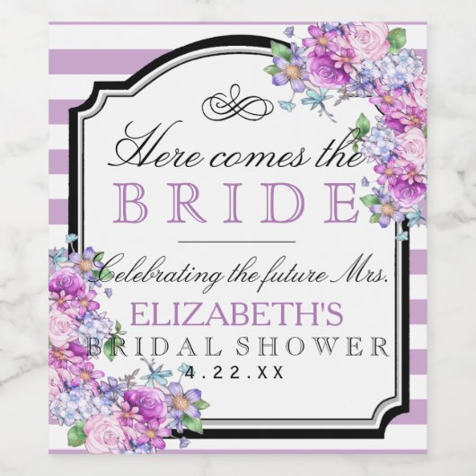 ラベンダストライプーズウォーターカラーフローラブライダルシャワー ワインラベル (シングルラベル)