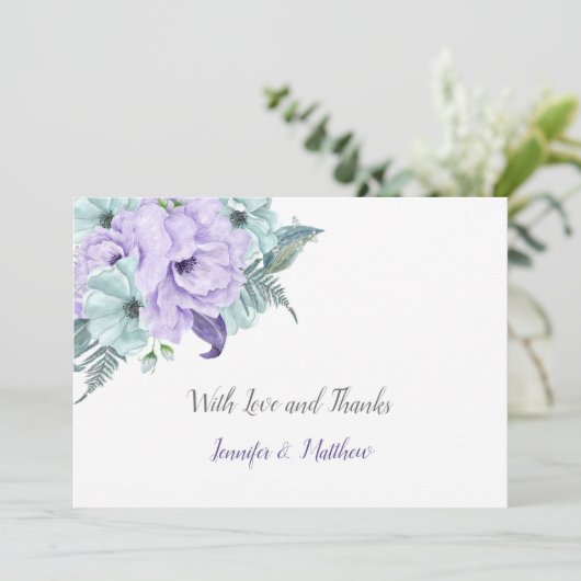 ラベンダーおよびミントの水彩画のシャクヤクは|感謝していしています サンキューカード (スタンド正面)