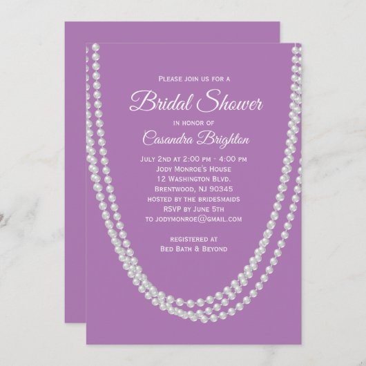 ラベンダーおよび真珠のブライダルシャワーの招待状 招待状 (正面/裏面)