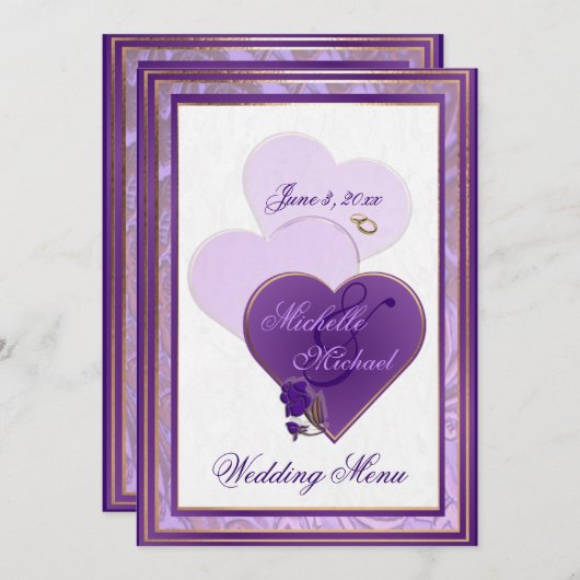 ラベンダーおよび紫色のレースの結婚式メニューの陰 メニュー (正面/裏面)