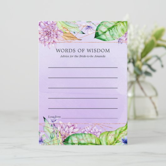 ラベンダーおよび金ゴールドフローラ幾何学的ブライダルシャワー アドバイスカード (スタンド正面)